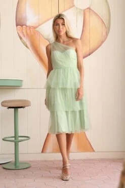 Leyana One Shoulder Tulle Dress In Sage Green