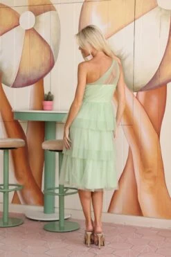 Leyana One Shoulder Tulle Dress In Sage Green -Lace & Beads Shop 0H6A3027