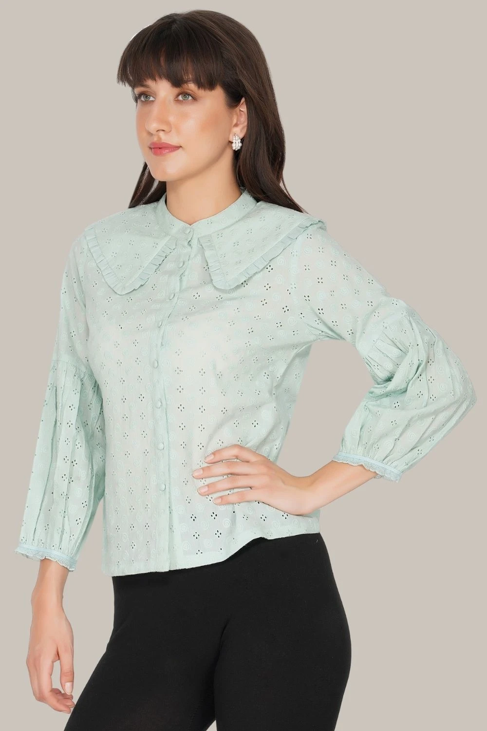 Jerri Cotton Broderie Shirt In Pastel Green 5 Jerri Cotton Broderie Shirt In Pastel Green - Image 3