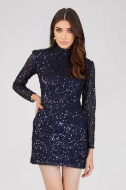 Athena Long Sleeve Sequin Mini Dress In Dark Blue -Lace & Beads Shop 12 22 Copy