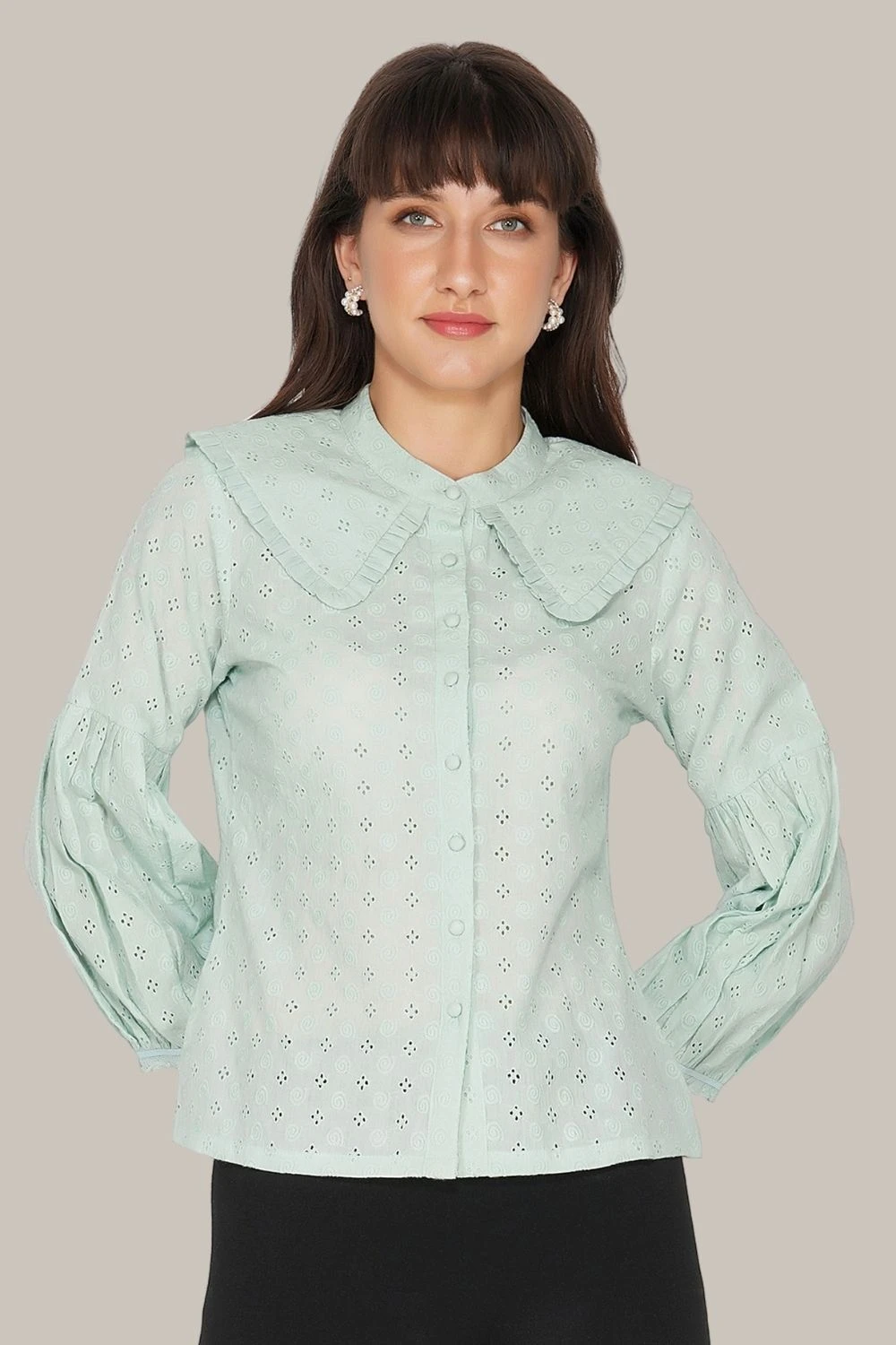 Jerri Cotton Broderie Shirt In Pastel Green 6 Jerri Cotton Broderie Shirt In Pastel Green - Image 4