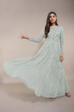 Sila Long Sleeve Embellished Maxi Dress In Sage Green