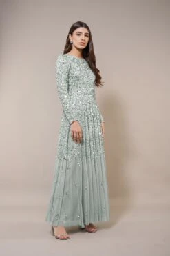 Sila Long Sleeve Embellished Maxi Dress In Sage Green 11 Sila Long Sleeve Embellished Maxi Dress In Sage Green -Lace & Beads Shop 19 5 1