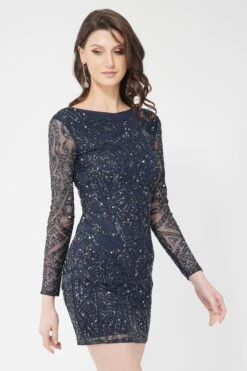 Brooklyn Navy Blue Long Sleeve Sequin Mini Dress -Lace & Beads Shop 1 2