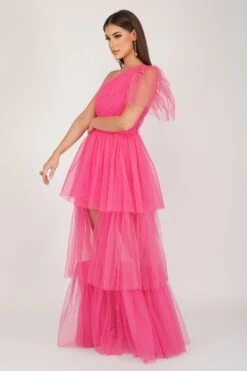 Rowena Bright Pink One Shoulder Tulle Gown -Lace & Beads Shop 1 27 Copy