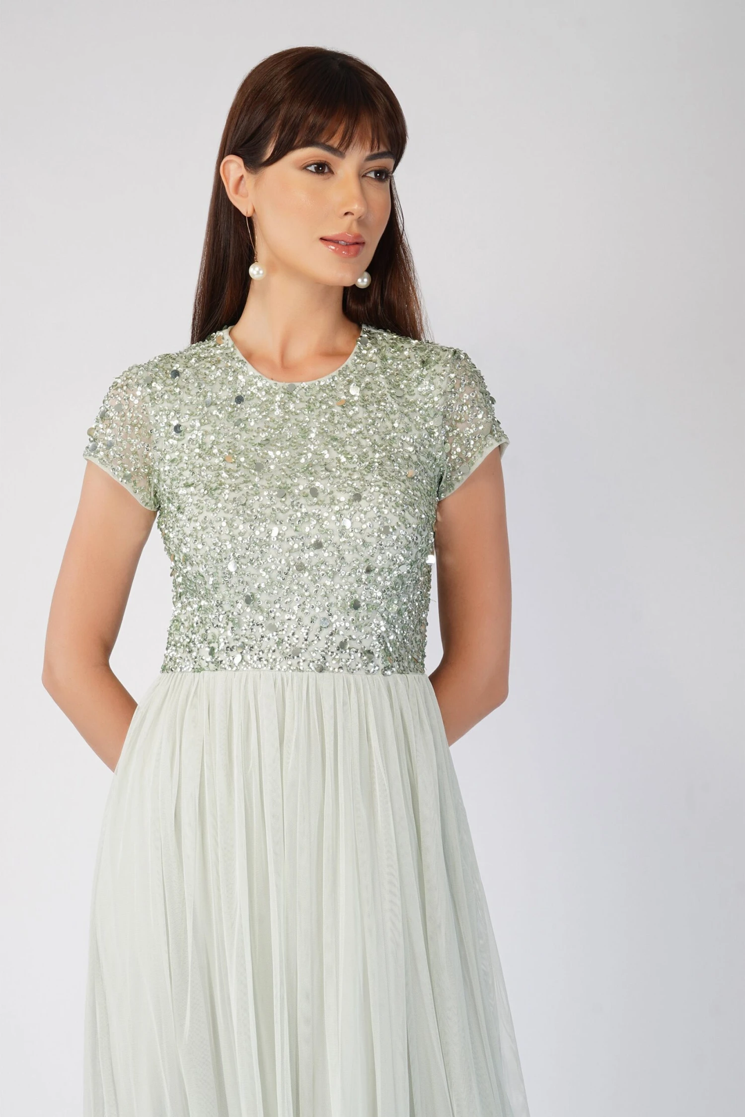 Picasso Short Sleeve Sage Green Embellished Dress 7 Picasso Short Sleeve Sage Green Embellished Dress - Image 5