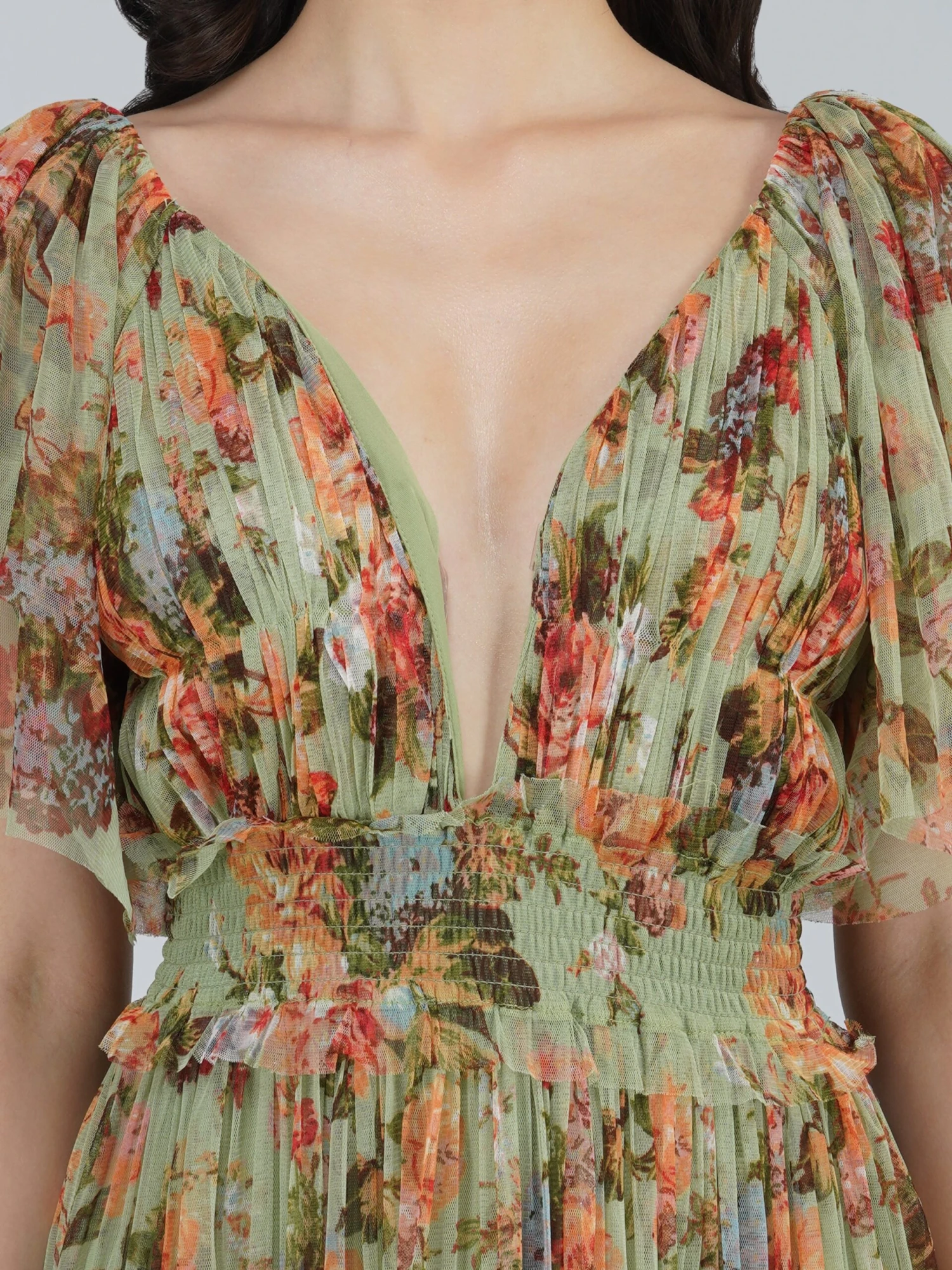 Exham Printed Tulle Maxi Dress In Green Floral 7 Exham Printed Tulle Maxi Dress In Green Floral - Image 5