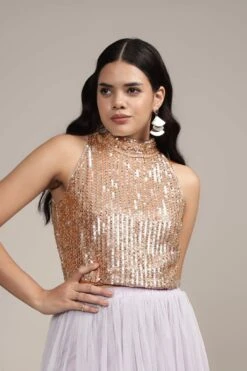 Beetle Embellished High Neck Top In Pink