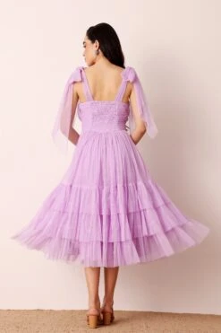 Bow Shoulder Madison Midi Dress In Lilac -Lace & Beads Shop BowShoulderMidiinLilac 2
