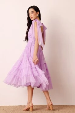 Bow Shoulder Madison Midi Dress In Lilac -Lace & Beads Shop BowShoulderMidiinLilac 3