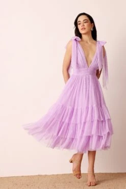 Bow Shoulder Madison Midi Dress In Lilac -Lace & Beads Shop BowShoulderMidiinLilac 4