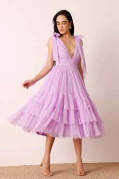 Bow Shoulder Madison Midi Dress In Lilac -Lace & Beads Shop BowShoulderMidiinLilac 5