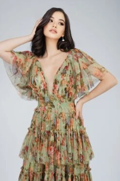 Exham Printed Tulle Maxi Dress In Green Floral