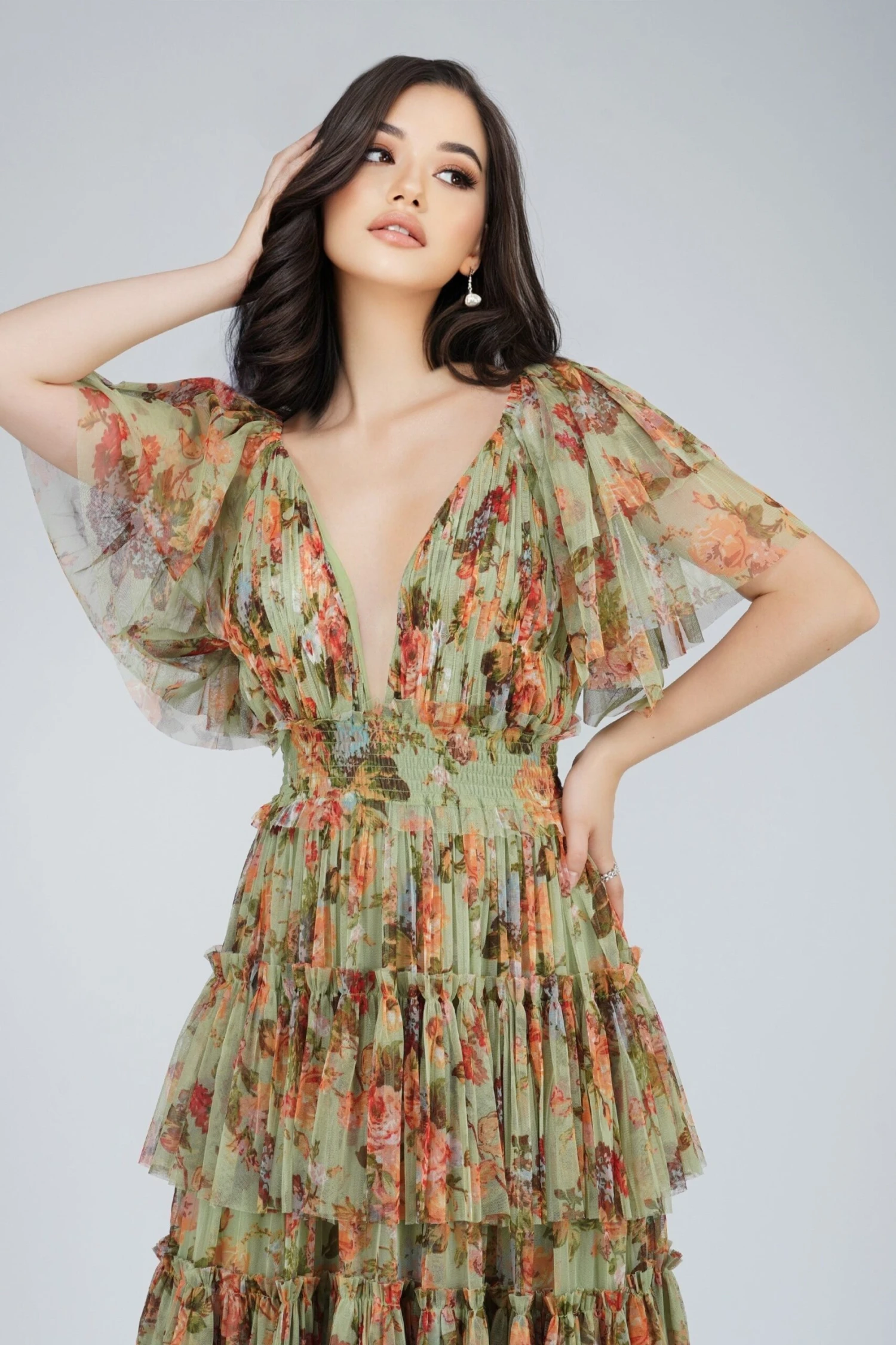 Exham Printed Tulle Maxi Dress In Green Floral 3 Exham Printed Tulle Maxi Dress In Green Floral