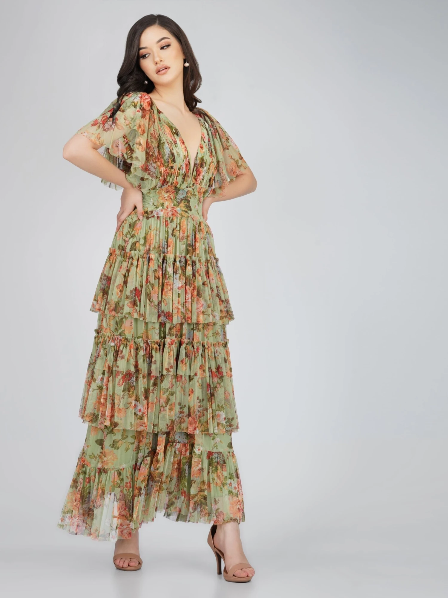 Exham Printed Tulle Maxi Dress In Green Floral 6 Exham Printed Tulle Maxi Dress In Green Floral - Image 4