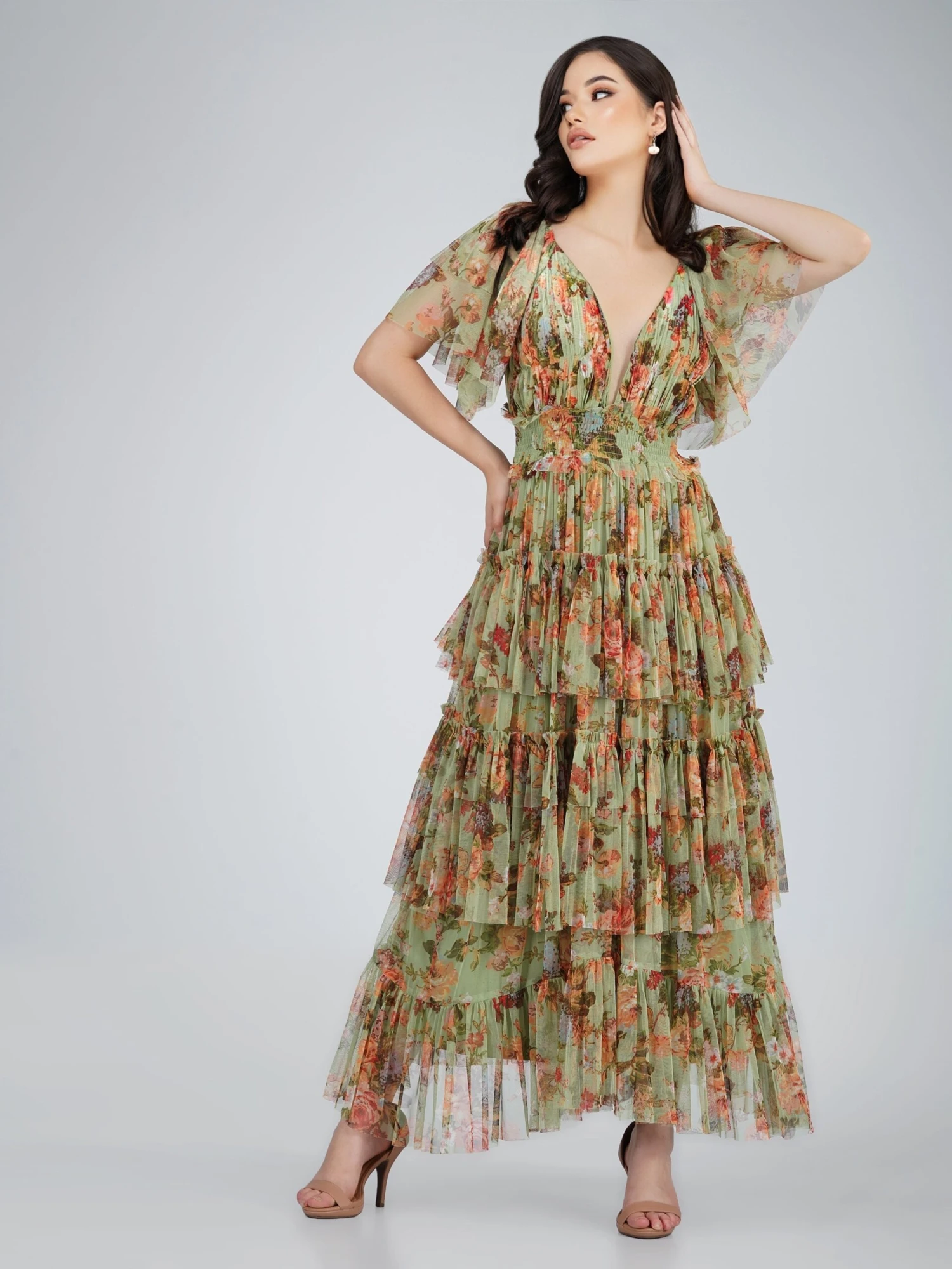 Exham Printed Tulle Maxi Dress In Green Floral 4 Exham Printed Tulle Maxi Dress In Green Floral - Image 2