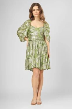 Sydney Metallic Printed Mini Dress In Olive Green -Lace & Beads Shop IMG 0898c