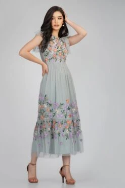 Iris Dusty Blue Embroidered Dress -Lace & Beads Shop IrisMidaxiLB L 99