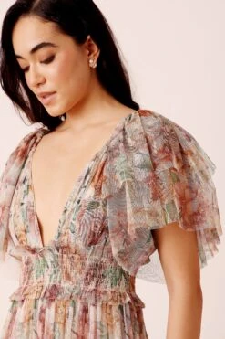 Jasmine Soft Tulle Maxi Dress In Brown Floral -Lace & Beads Shop Jasmine Maxi Soft Mesh in Brown Floral 1