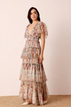 Jasmine Soft Tulle Maxi Dress In Brown Floral