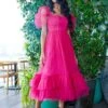 Jayne Bright Pink Tulle Midi Dress