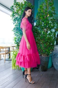 Jayne Bright Pink Tulle Midi Dress -Lace & Beads Shop JayneBrightPink 3