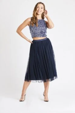 Val Tulle Midi Skirt In Navy
