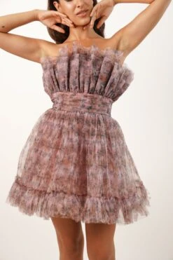 Nanita Tulle Mini Dress In Floral Print -Lace & Beads Shop L B1212