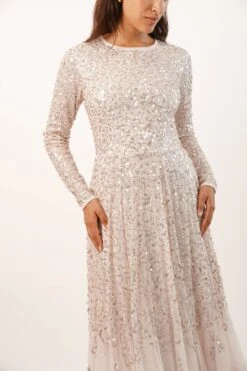 Sila Long Sleeve Embellished Maxi Dress In Powder Pink -Lace & Beads Shop L B37047