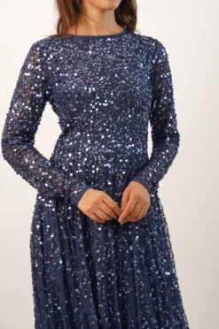 Sila Long Sleeve Embellished Maxi Dress In Dark Blue -Lace & Beads Shop L B37472