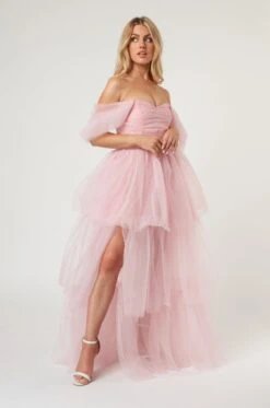 Sydney Off Shoulder Tulle Maxi Dress In Powder Pink -Lace & Beads Shop LaceandBeads1524