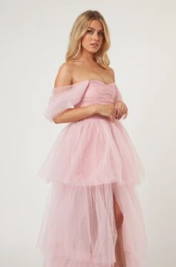Sydney Off Shoulder Tulle Maxi Dress In Powder Pink -Lace & Beads Shop LaceandBeads1554