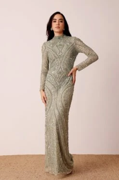 Lotus Embellished Maxi Dress In Sage Green -Lace & Beads Shop Lotus Maxi in Sage Green 4