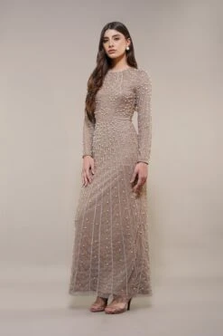 Mabel Embellished Maxi Dress In Taupe