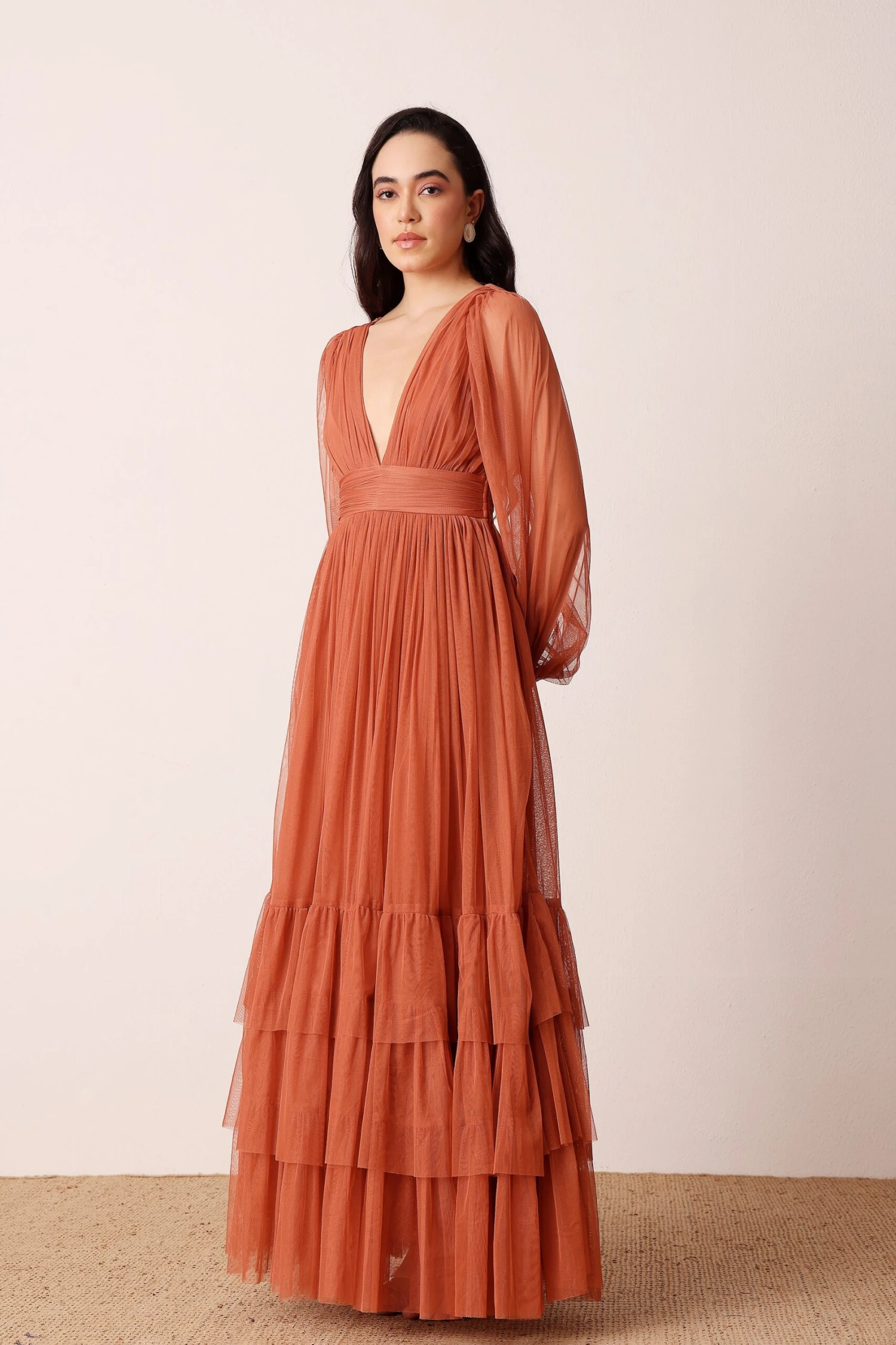 Madison Long Sleeve Maxi Dress In Terracotta Rose