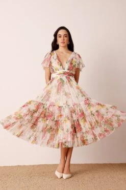 Madison Tulle Midi Dress In Floral Print -Lace & Beads Shop Madison Midi in Cream Floral 3