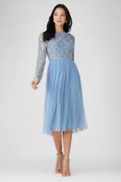 Mandarin Embellished Midi Dress In Powder Blue -Lace & Beads Shop Mandarin Midi Blue 3 151575fb f31b 4f83 be38 331c11f45005