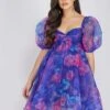 Melanie Puff Sleeve Organza Mini In Cobalt Floral -Lace & Beads Shop MelanieCobaltFloral 2 Edited