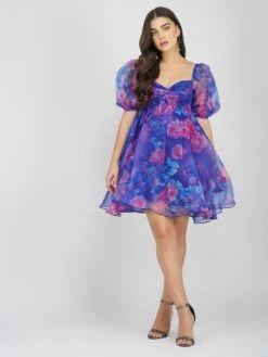 Melanie Puff Sleeve Organza Mini In Cobalt Floral -Lace & Beads Shop MelanieCobaltFloral 4