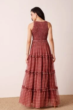 Mhairi Maxi Dress In Burgundy Plaid -Lace & Beads Shop MhairiPlaidBurgundyMaxi 2