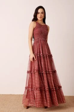 Mhairi Maxi Dress In Burgundy Plaid -Lace & Beads Shop MhairiPlaidBurgundyMaxi 4
