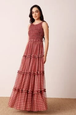 Mhairi Maxi Dress In Burgundy Plaid -Lace & Beads Shop MhairiPlaidBurgundyMaxi 5