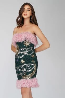 Midnight Sequin Feather Mini Dress In Emerald Green