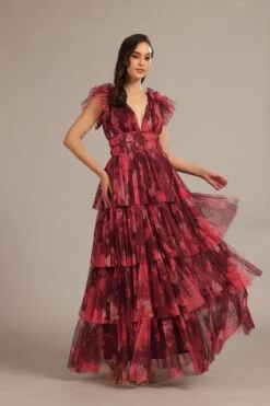 Naomi Maxi Dress In Deep Red Floral -Lace & Beads Shop NaomiMaxiinDeepRedRose 3