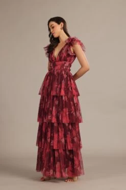 Naomi Maxi Dress In Deep Red Floral -Lace & Beads Shop NaomiMaxiinDeepRedRose 5