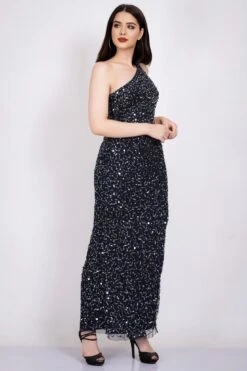 Naeve One Shoulder Sequin Dress In Navy Blue -Lace & Beads Shop NawishNavy NaeveMaxiDress 1