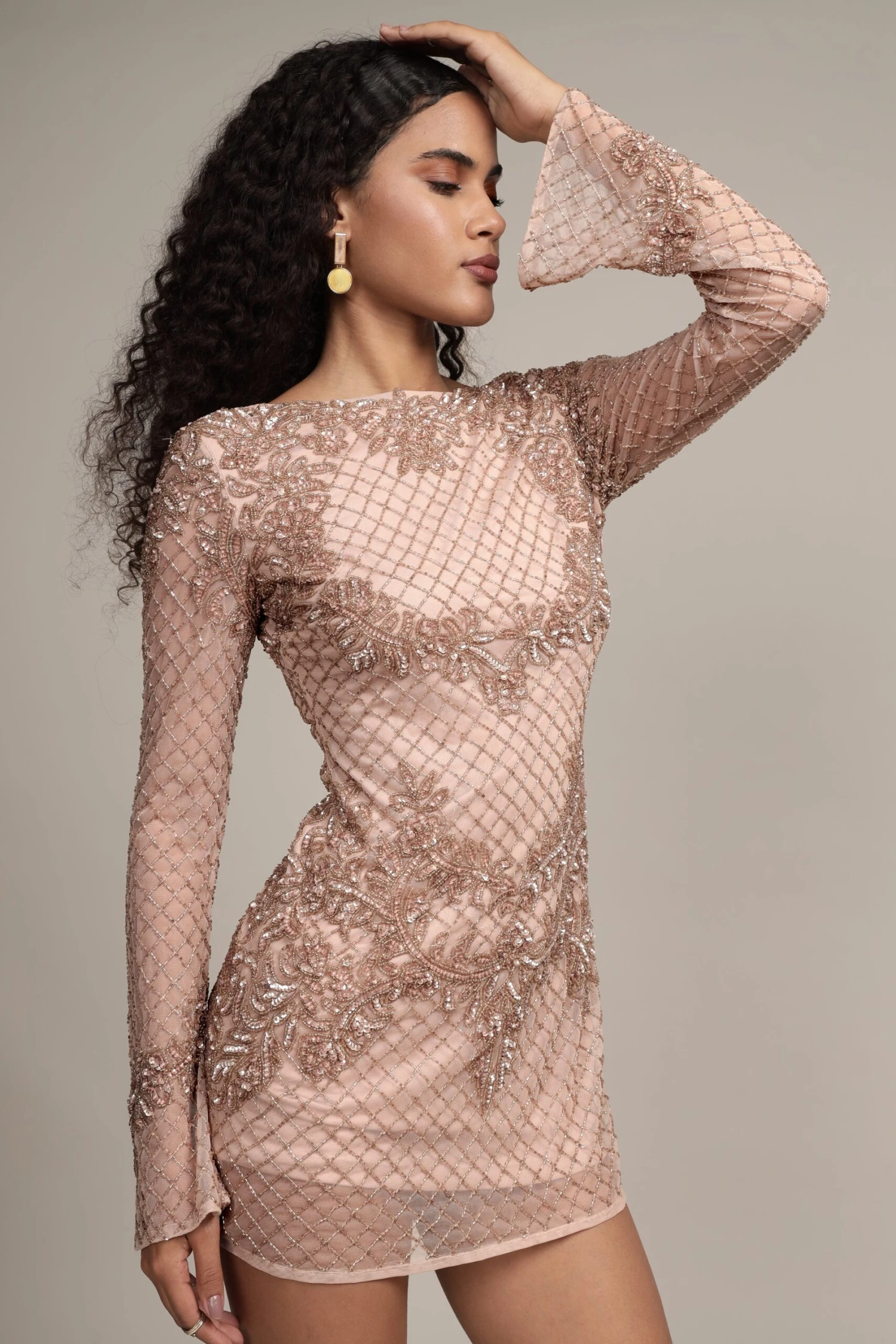 Nela Embellished Mini Dress In Mink 9 Nela Embellished Mini Dress In Mink - Image 7