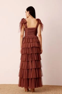 Ophelia Rose Brown Maxi Dress With Tie Detail -Lace & Beads Shop OpheliaMaxiinRoseBrown 2