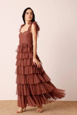 Ophelia Rose Brown Maxi Dress With Tie Detail -Lace & Beads Shop OpheliaMaxiinRoseBrown 4