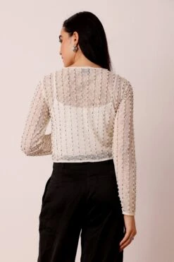 Pearl Embellished Sheer Cropped Jacket In Ivory -Lace & Beads Shop Pearl Embellished Sheer Cropped Jacket in Ivory 2